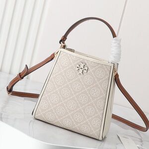 Tory Burch McGraw Beige T Monogram Bucket Bag with Top Handle